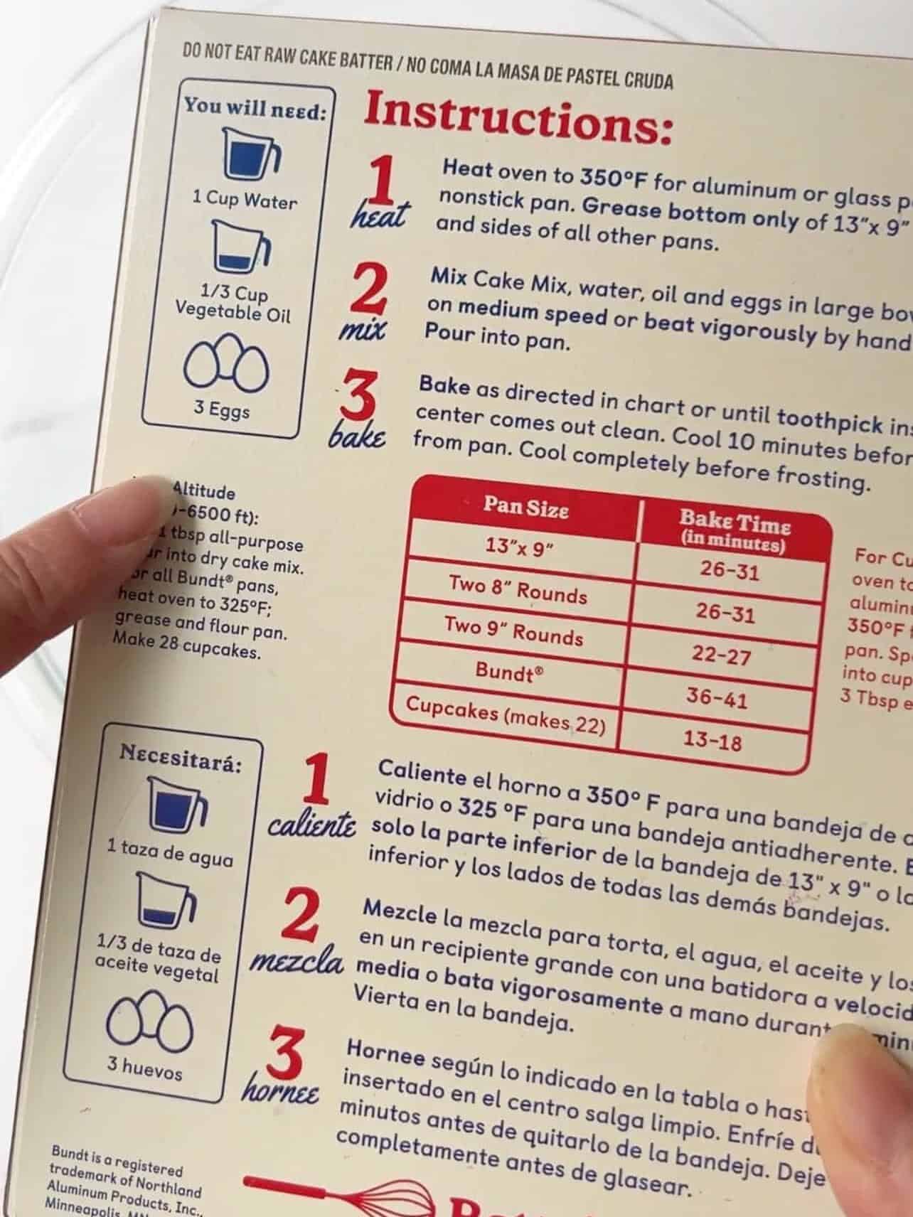 Instructions of vanilla cake box mix with ingredients and bake time