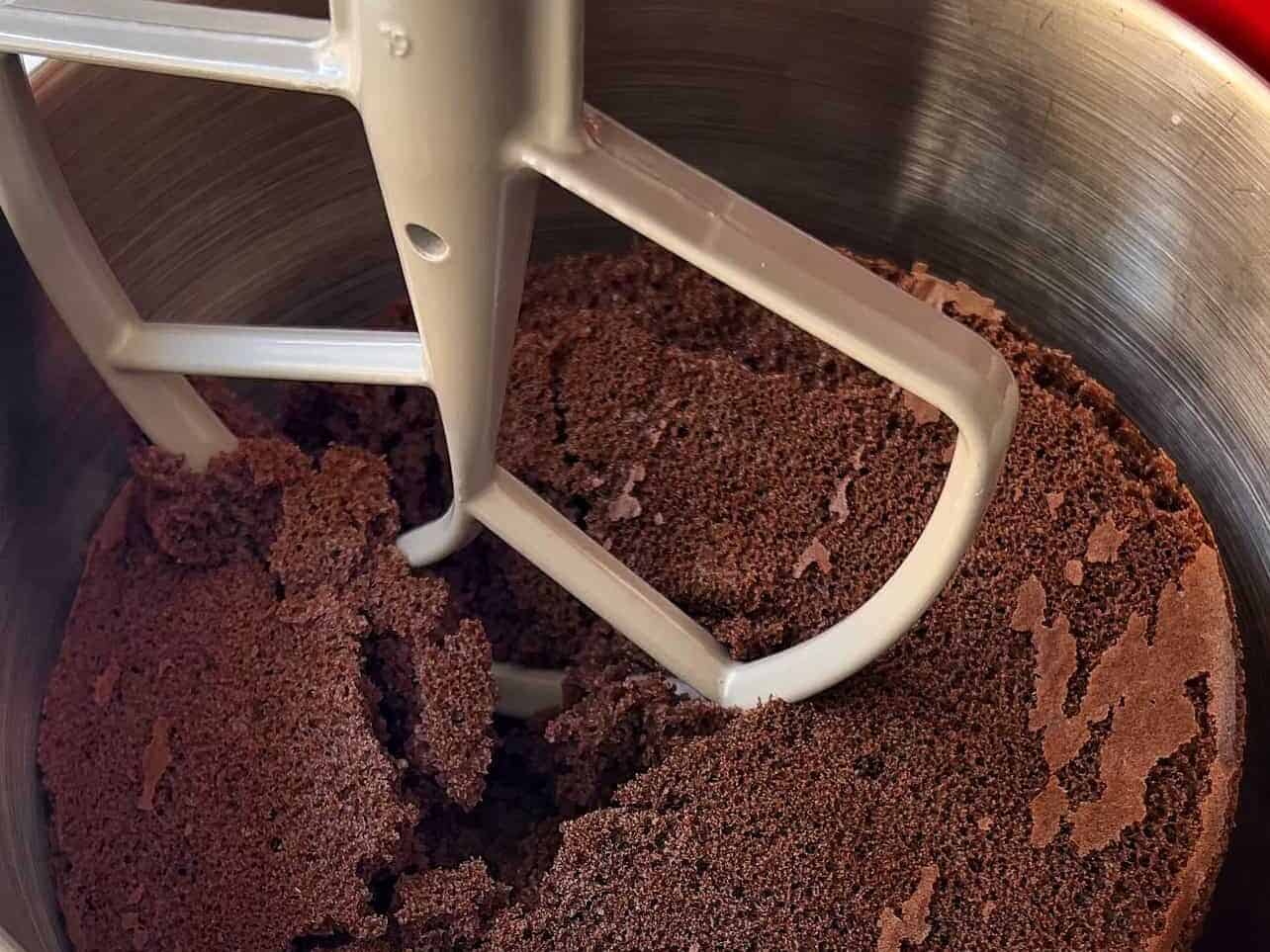 crumbled hot baked cake immediately in mixer