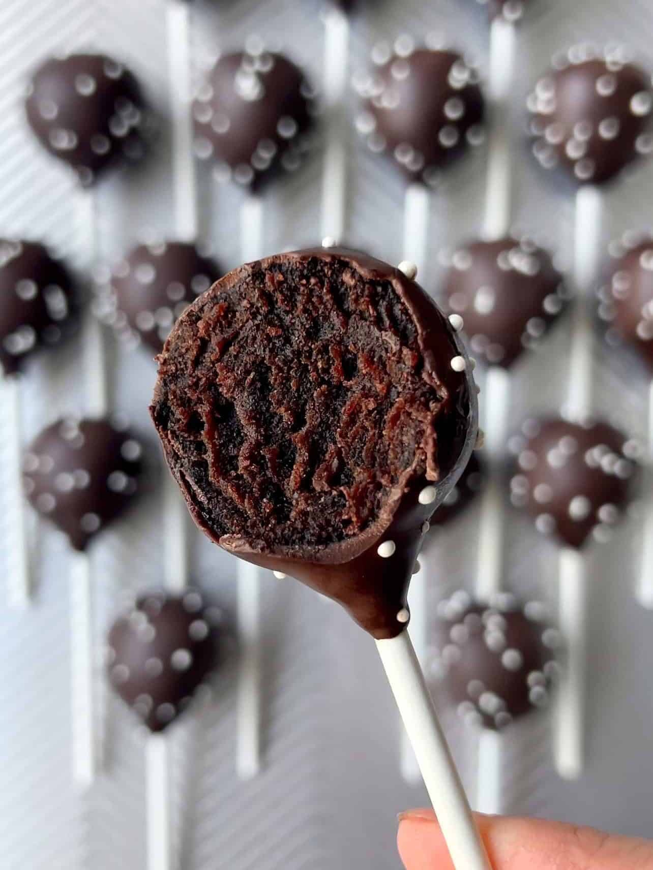 bite shot of Starbucks copycat chocolate cake pops