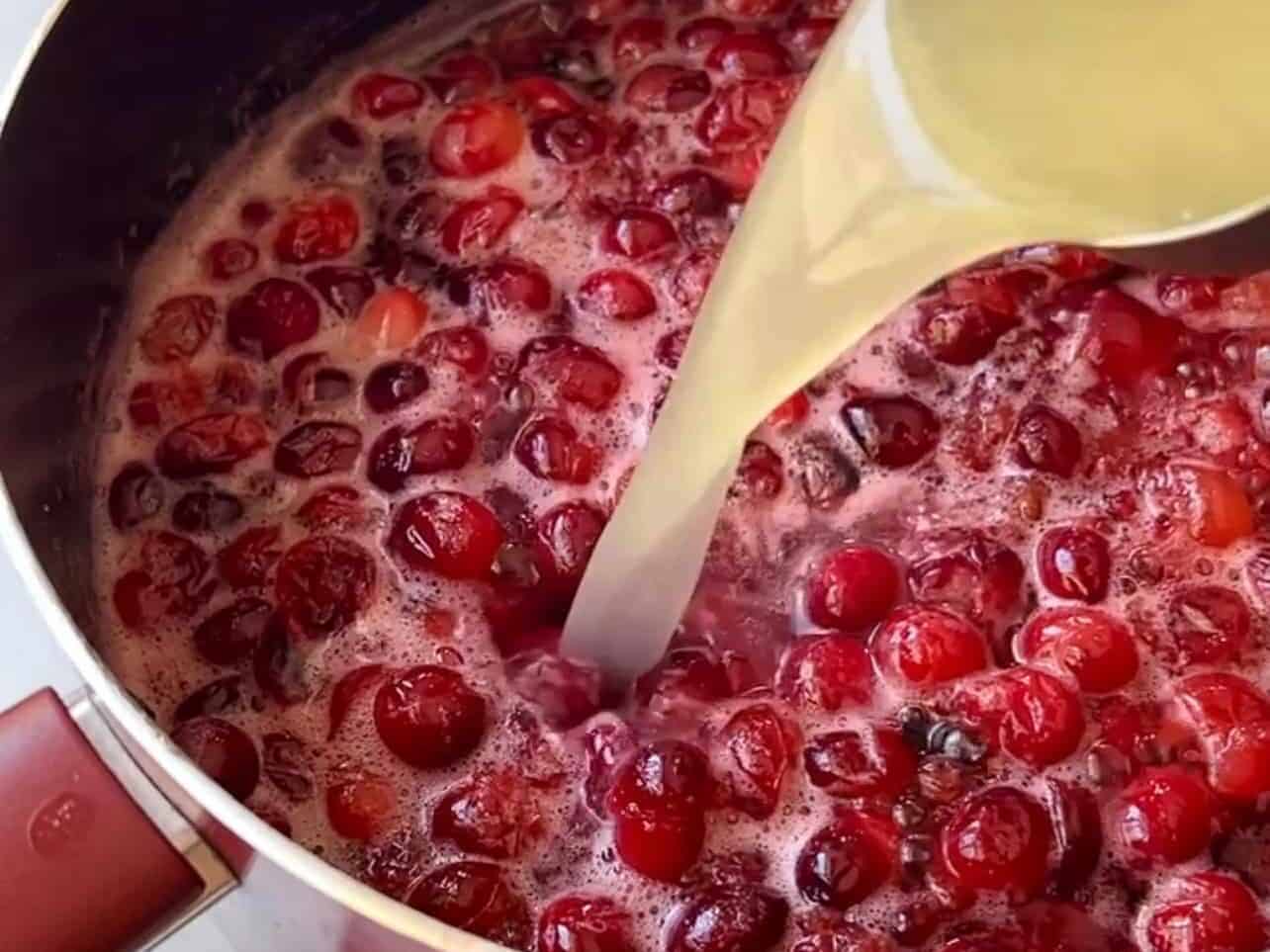 cooking cranberries, sugar, vanilla, & lemon juice to make cranberry sauce