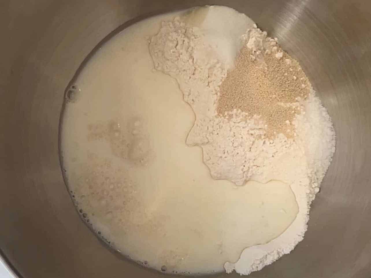 combine dough ingredients into stand mixer bowl