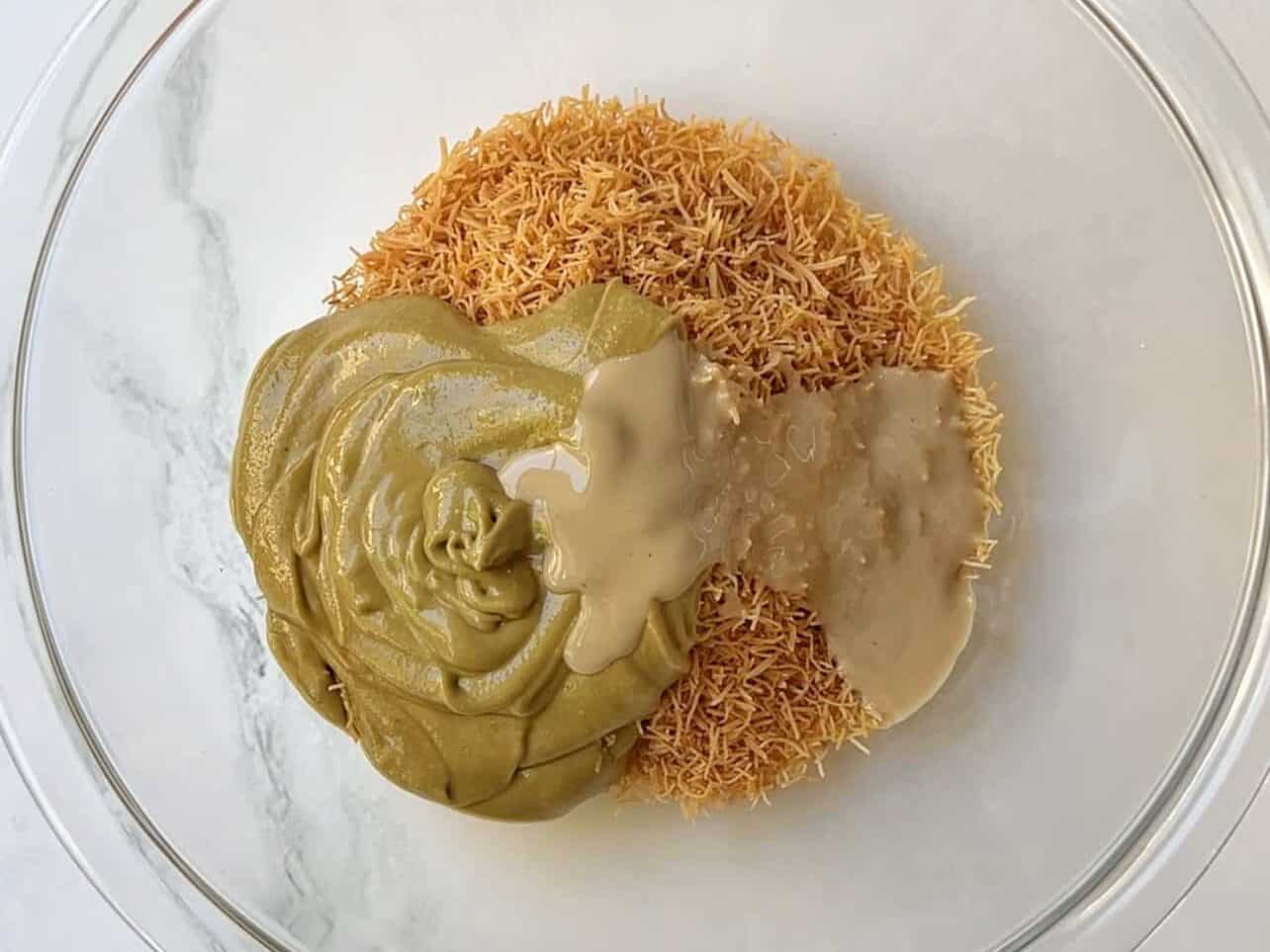 combine toasted kataifi with pistachio cream and tahini