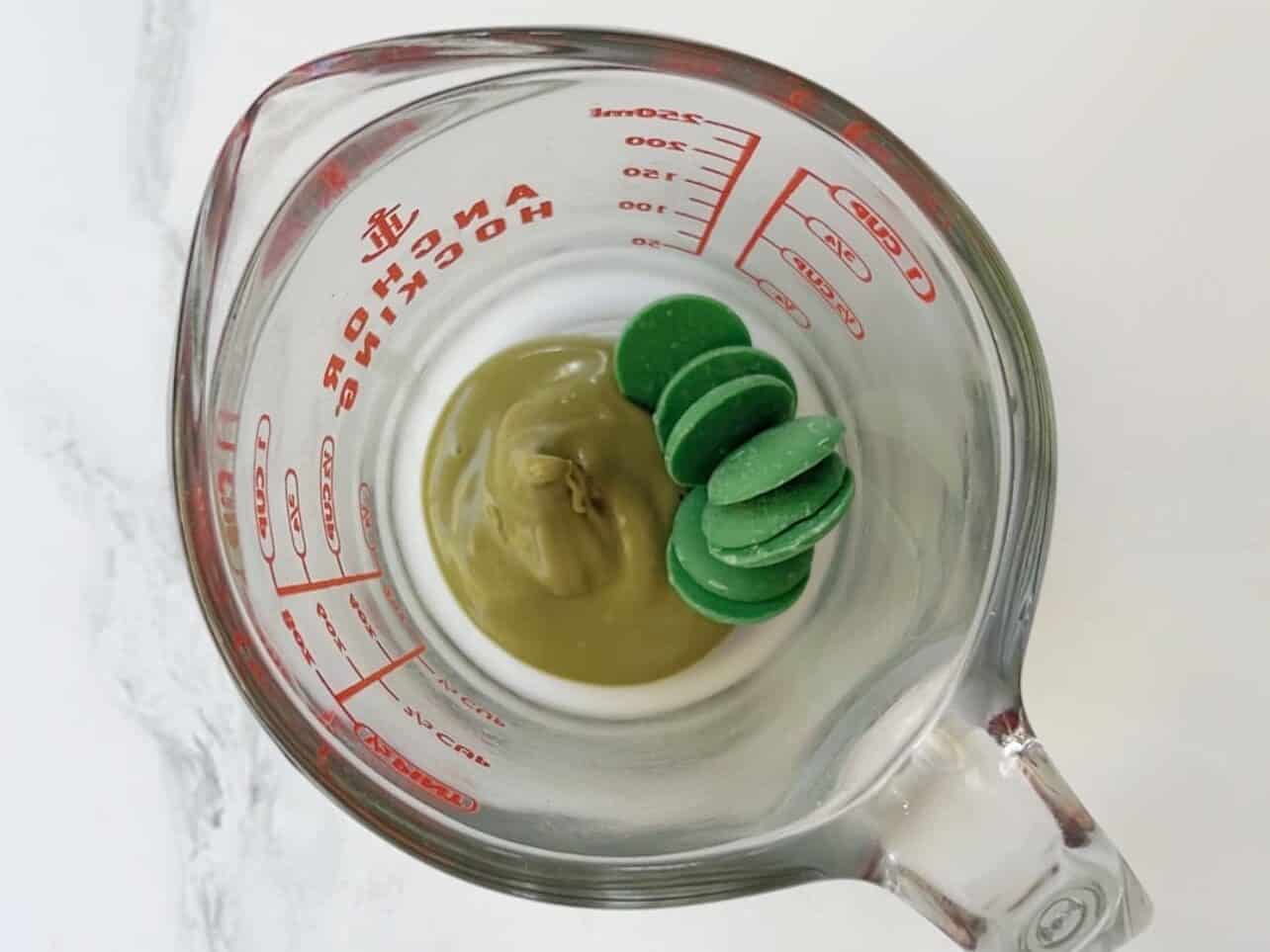 melt pistachio cream and green candy melts for ice cream bar drizzle