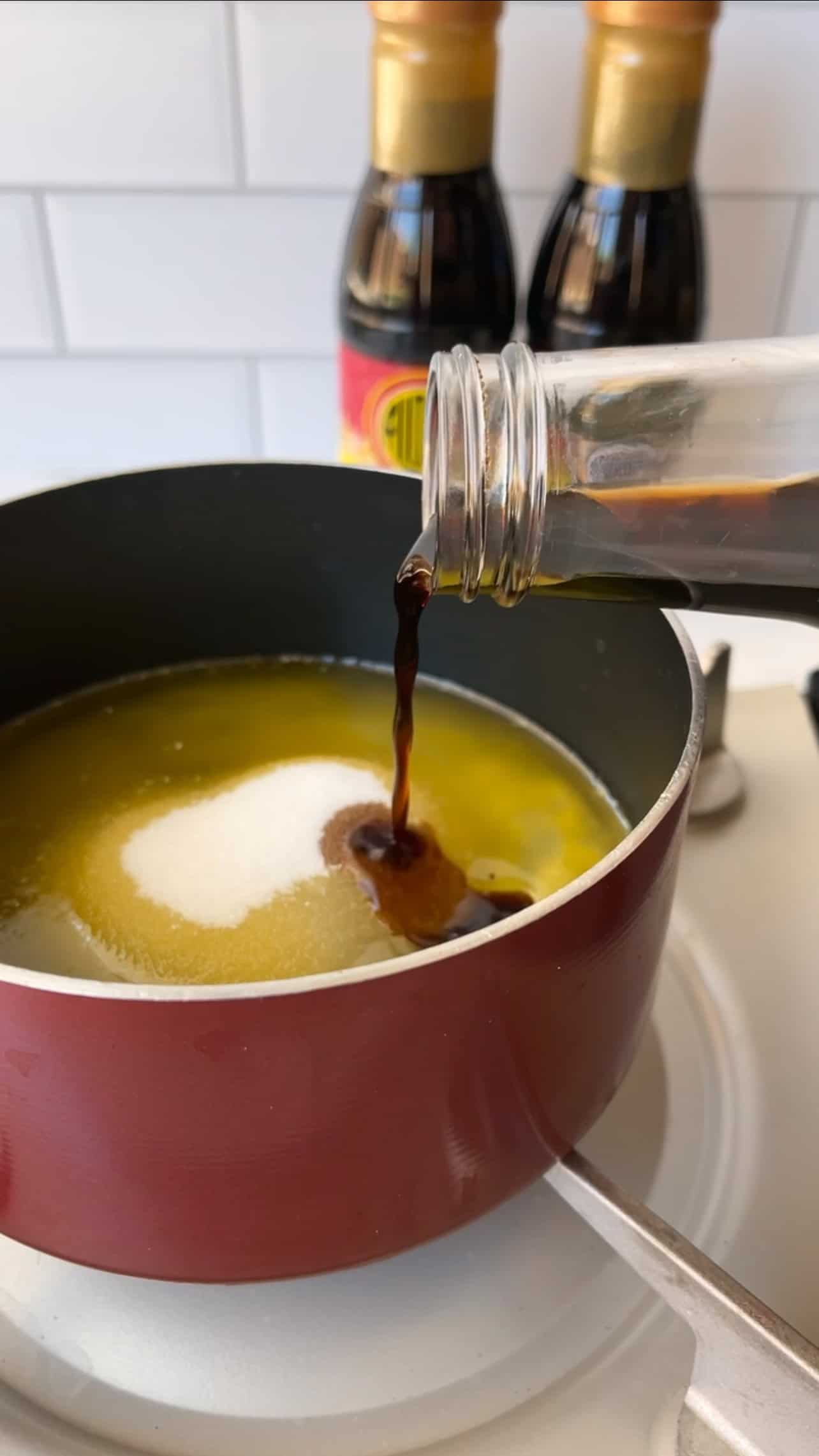 Make sweet/salty syrup using butter, sugar, corn syrup, oil, and soy sauce.