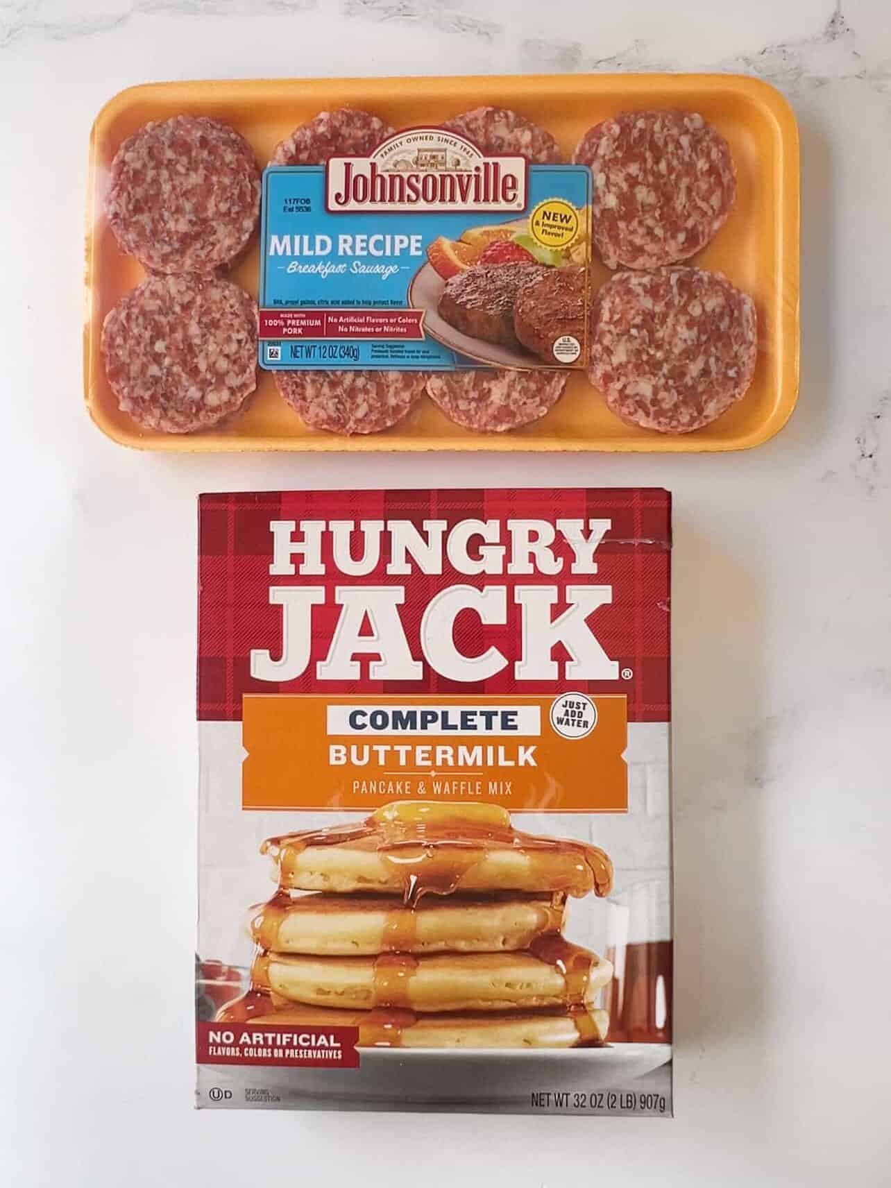 breakfast sausage patties and Hungry Jack pancake mix