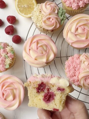 Pink and white Lemon Raspberry Cupcakes w/ Lemon Cream Cheese Frosting flatlay