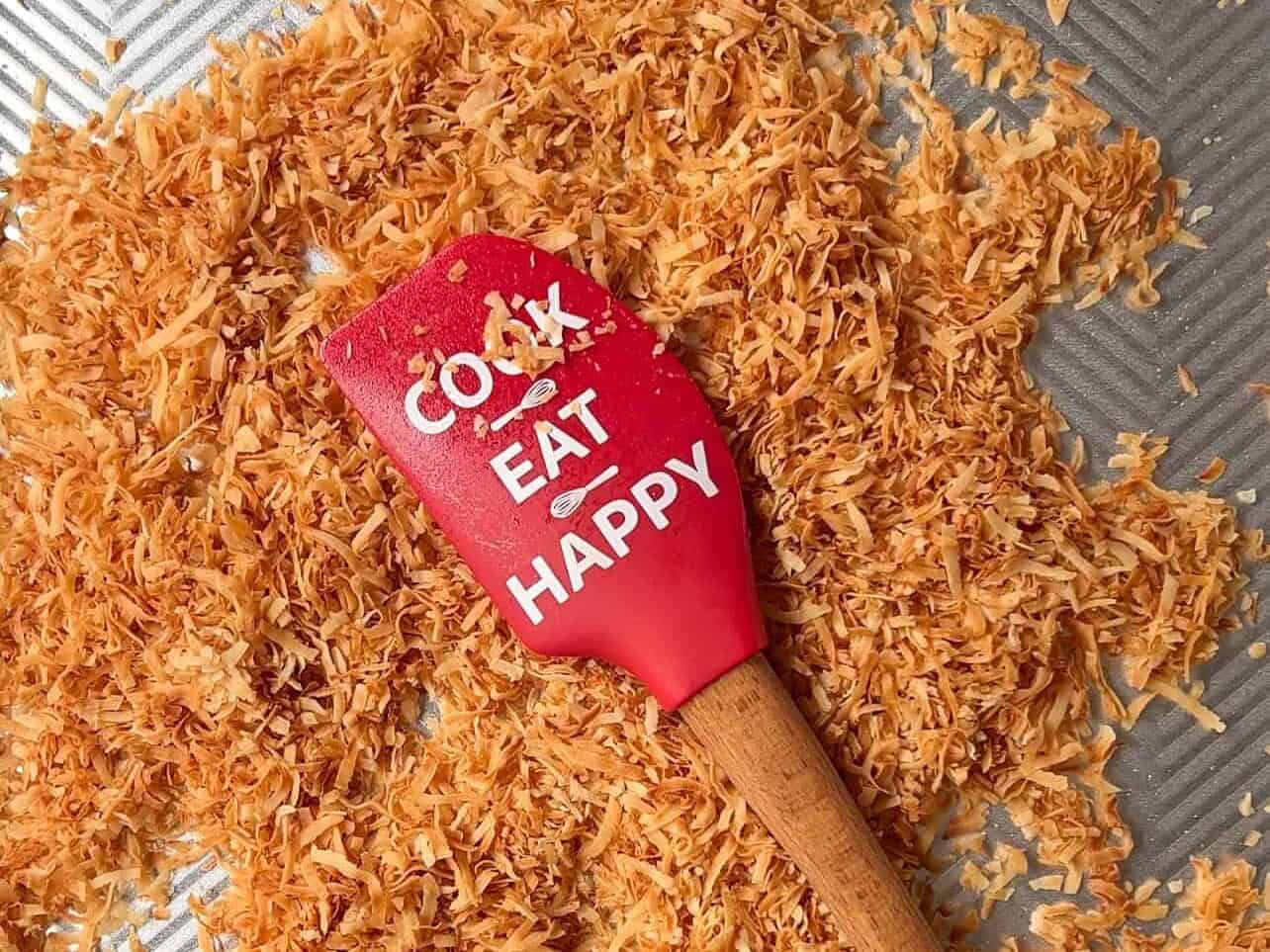 golden brown coconut flakes toasted in the oven