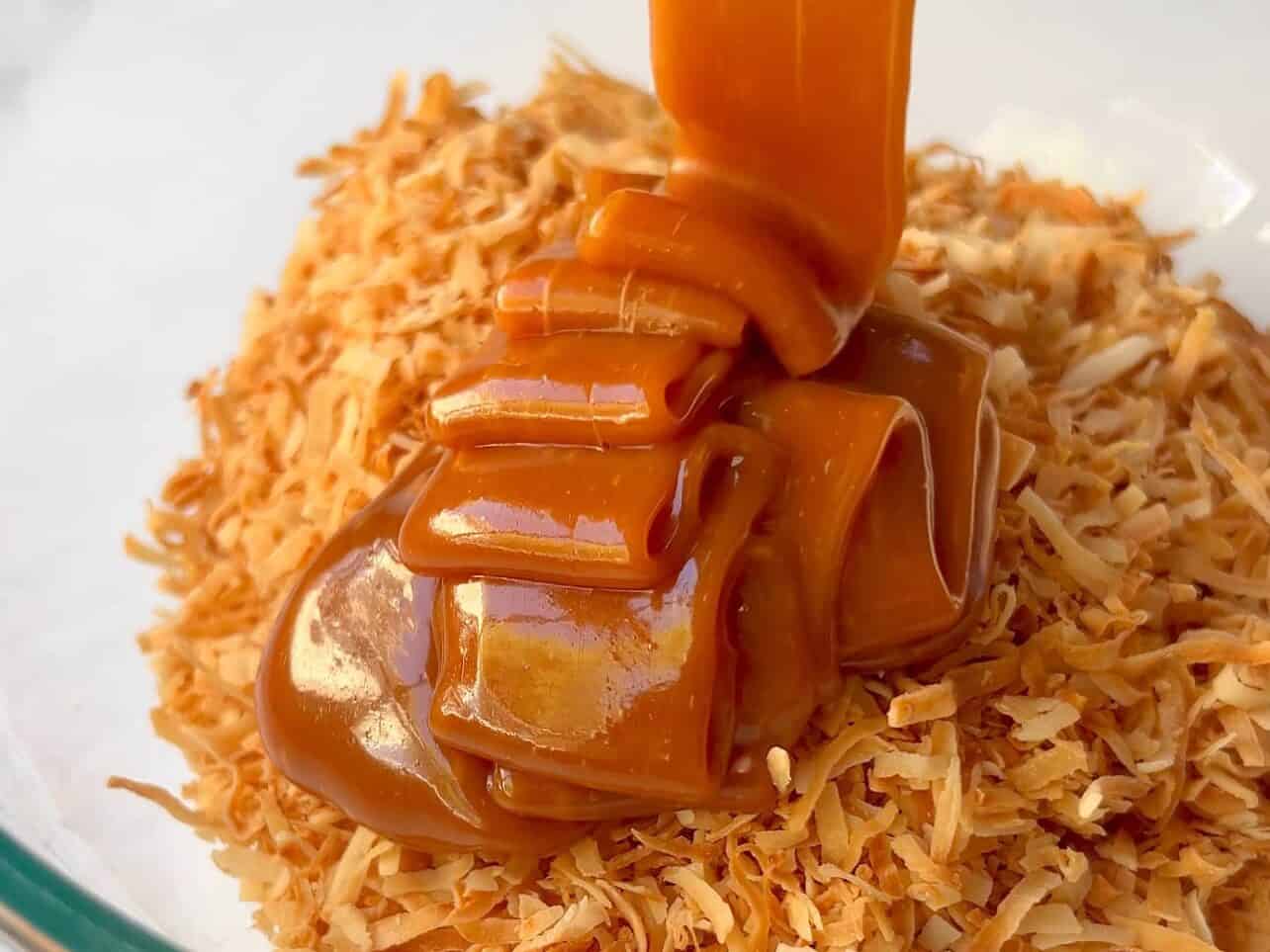 ribbon-like caramel consistency, added to toasted coconut flakes for Girl Scouts Copycat Samoas cookies