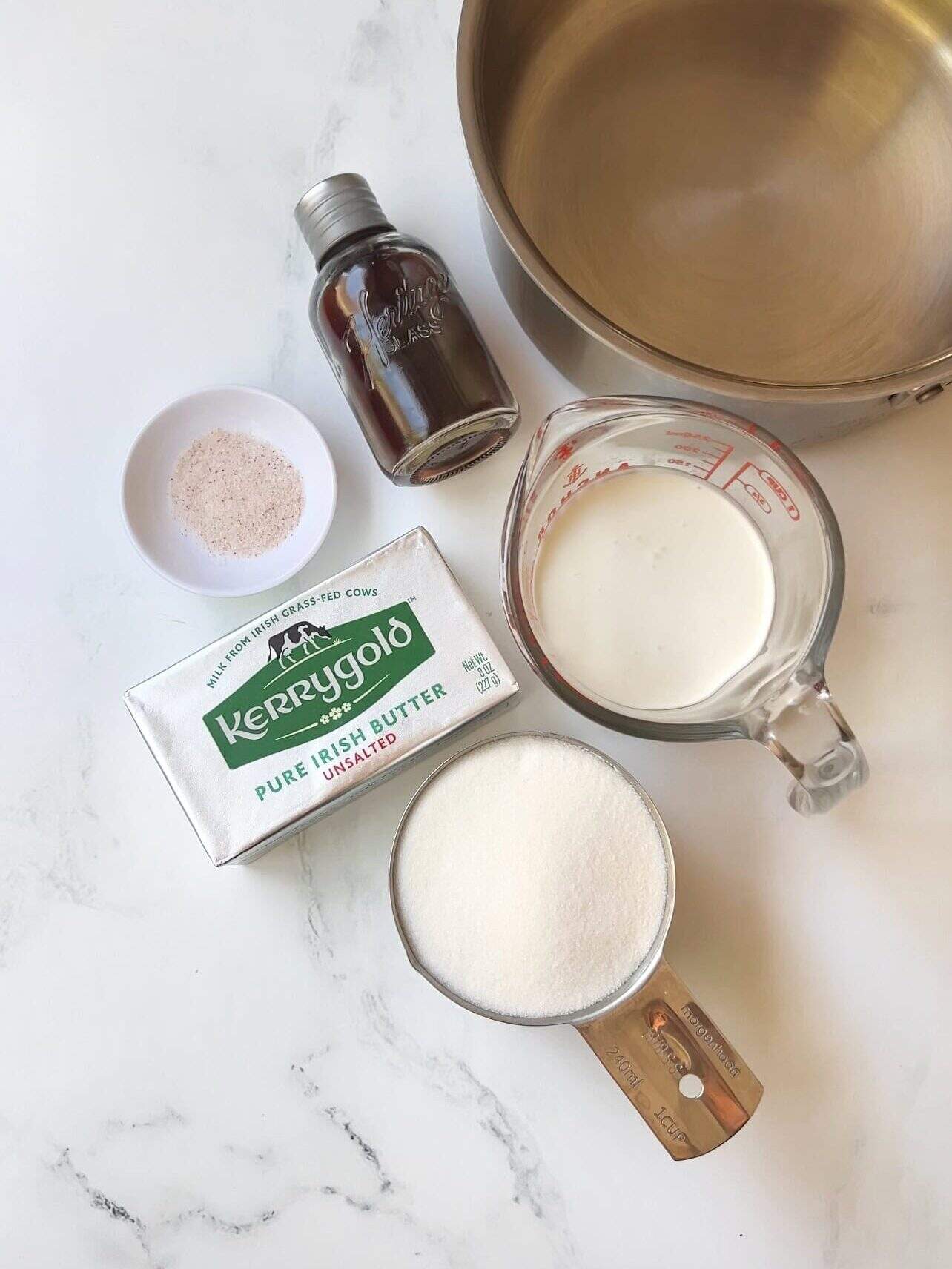 ingredients to make homemade caramel using the dry method