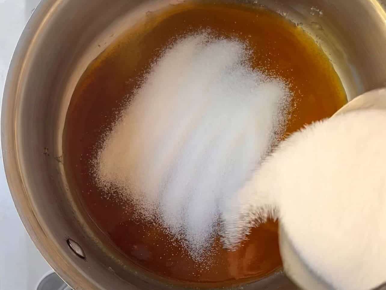 once initial sugar has melted, add rest of sugar in stages to make homemade caramel