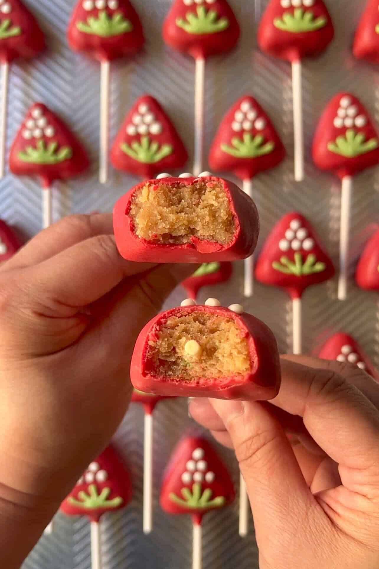 crumb shot of cake interior homemade Starbucks Copycat Strawberry And Cream Cake Pop