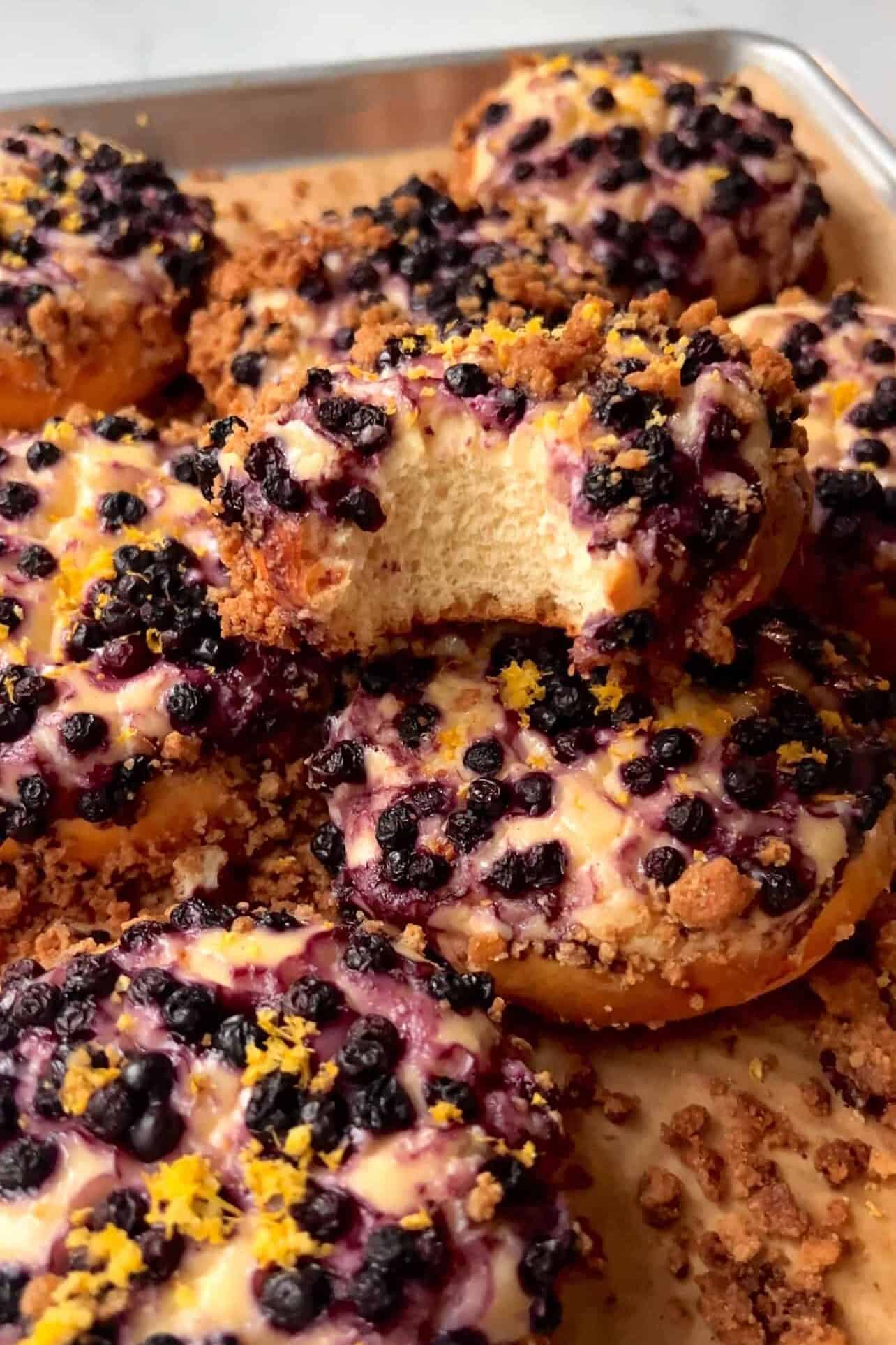 Crumb shot of Wild Blueberry Lemon Cheesecake Crumble Brioche Rolls