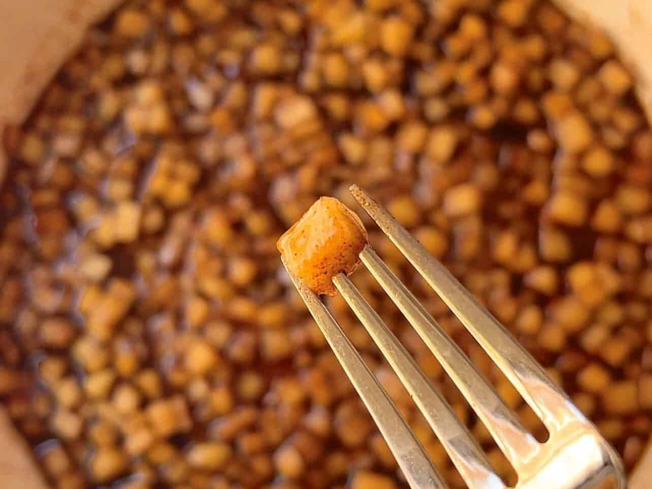 showing close-up of fork tender apple piece