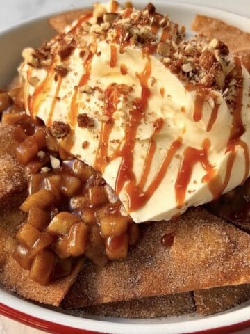 plate of apple pie nachos with apple spice dusted tortillas, apple filling, salted caramel drizzle, and chopped pecans