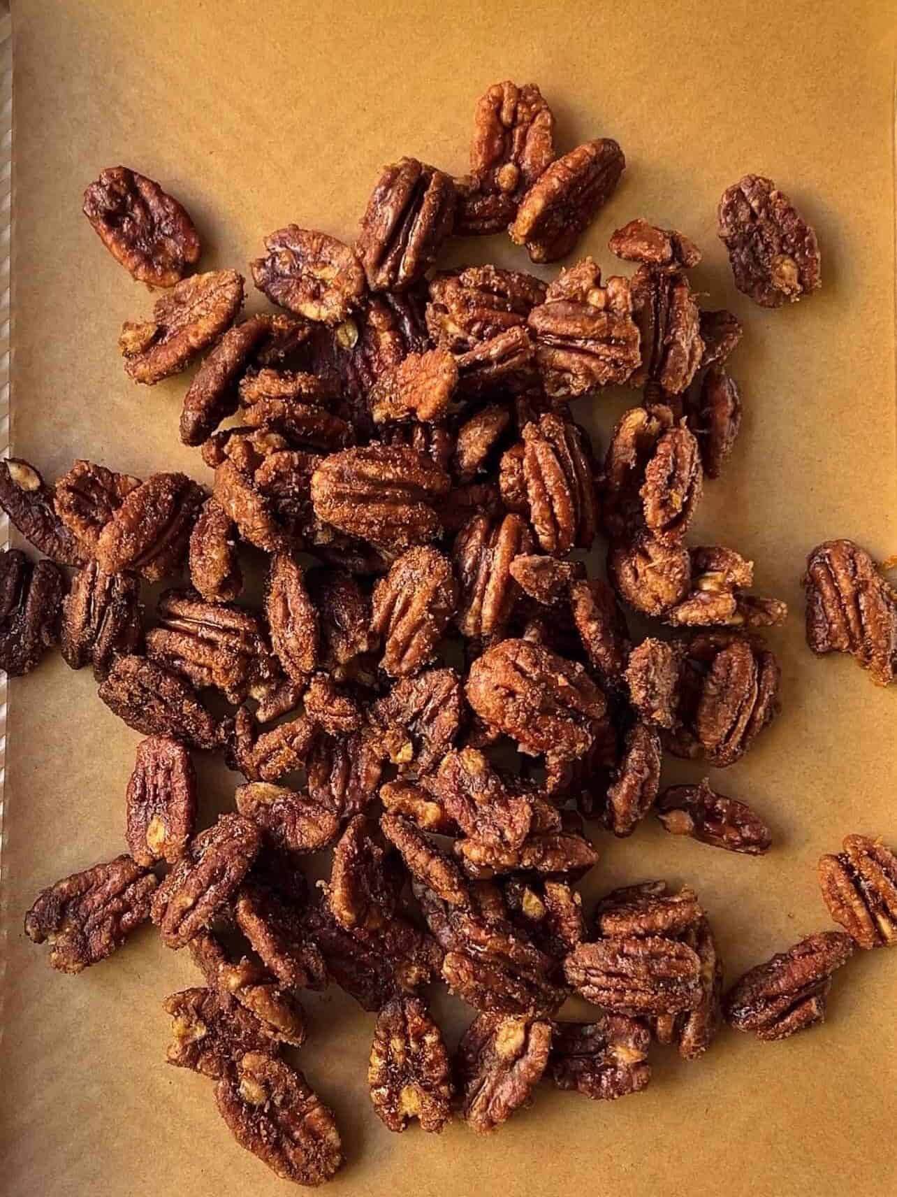 baking tray of candied pecans