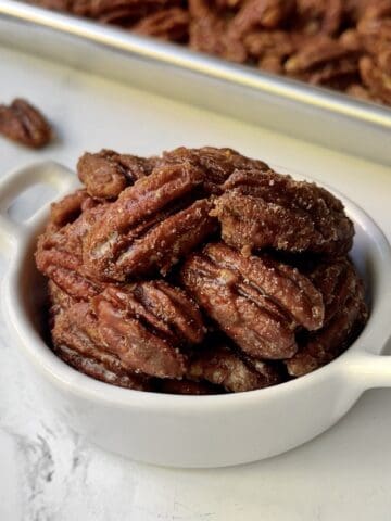 ramekin of homemade candied pecans
