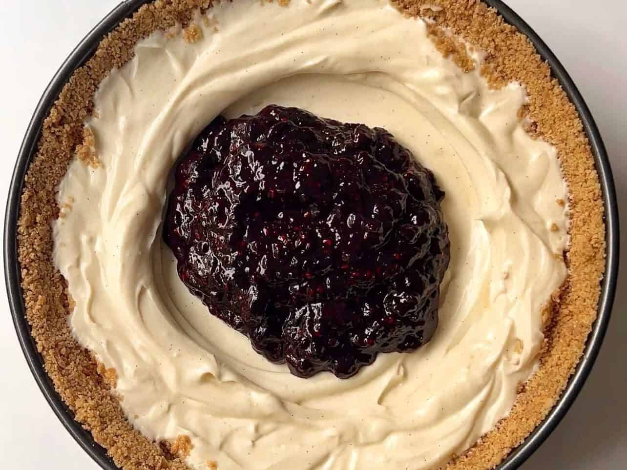 fruit compote center inside upside down cheesecake