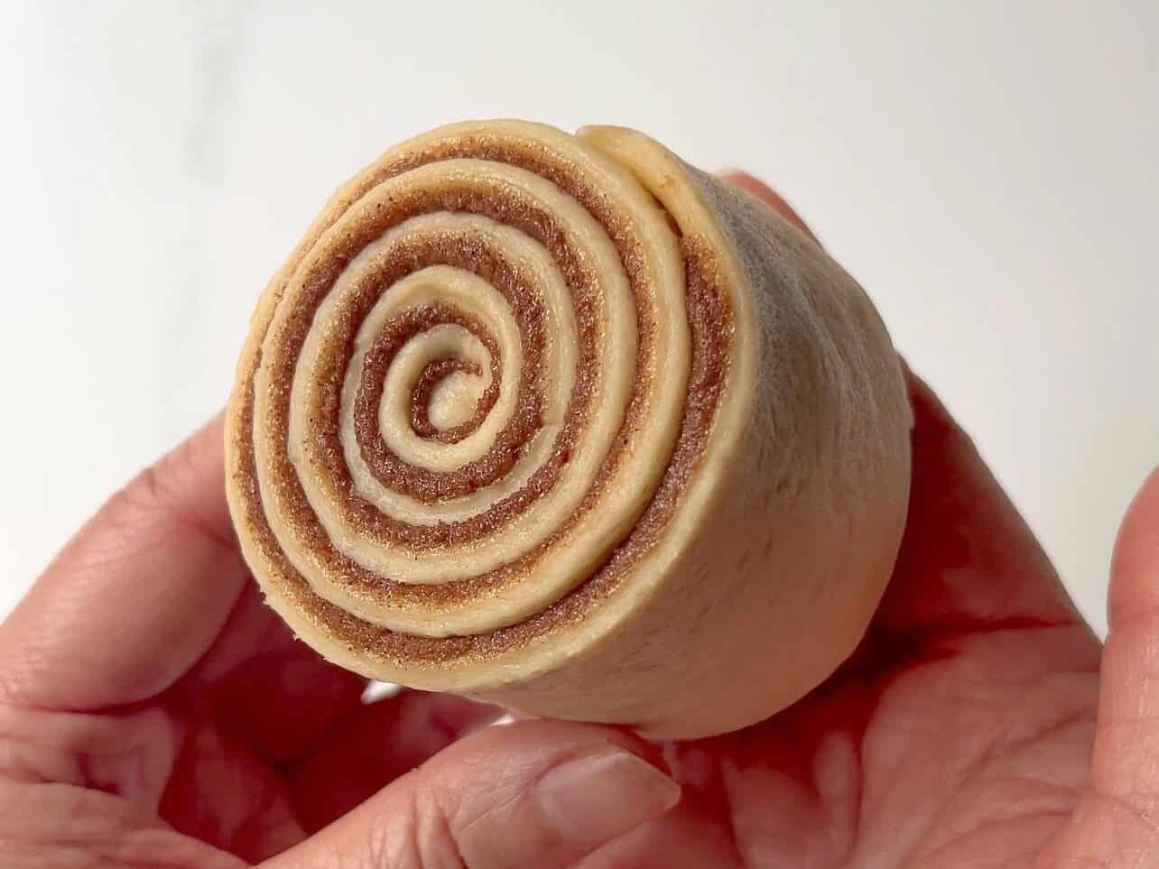 handheld close-up of cinnamon roll dough rolled into a spiral